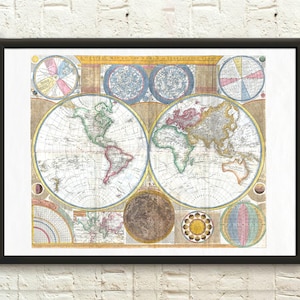 1794Samuel Dunn Weltkarte 18.Jahrhundert Wandkunst in Hemisphären Vintage Geographischer Druck für Wohnzimmer