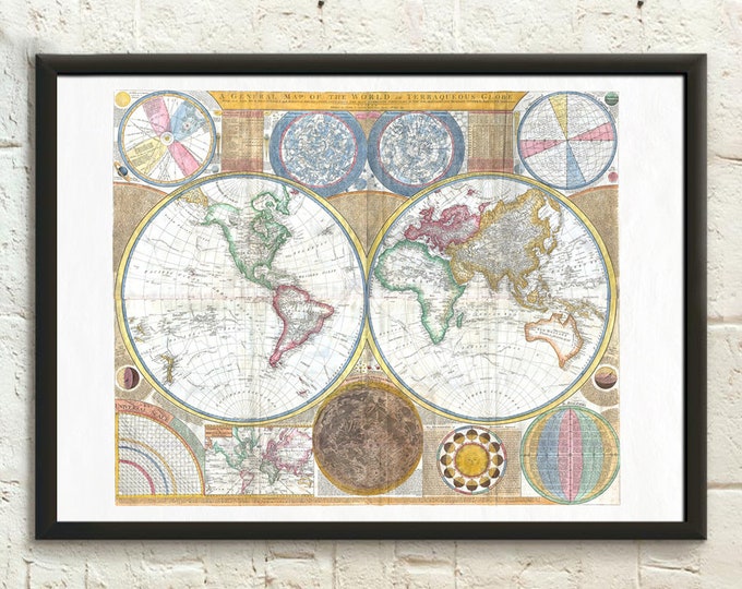1794 World Map Print: Samuel Dunn Hemispheres, Vintage Wall Art
