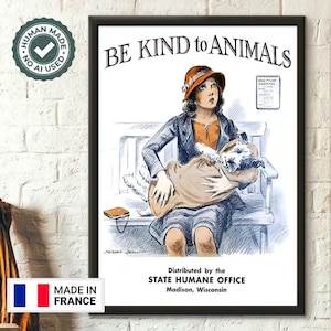 Póster vegano, sé amable con los animales, póster vintage de animales, decoración veterinaria, decoración de guardería, póster vegetariano, inauguración de la casa