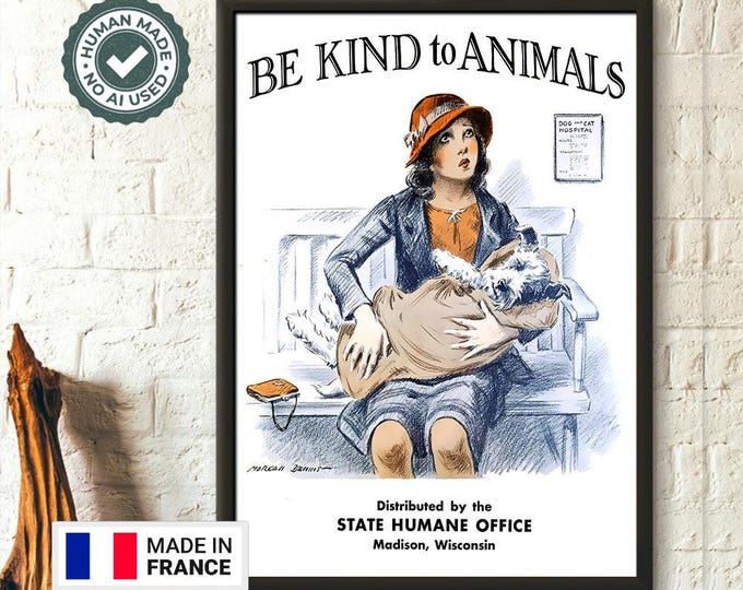 Vegan Be Kind To Animals Poster  Vintage Veterinary Decor for Nursery or Home