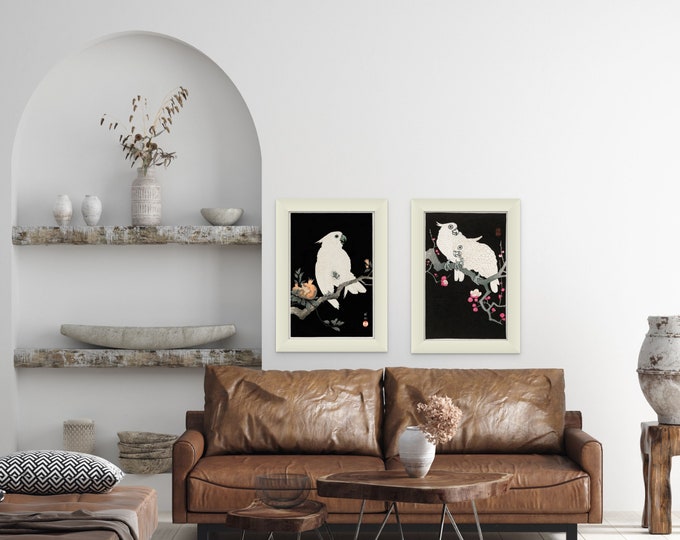 Vintage Japanese Cuckatoo Prints Set of 2 by Ohara Koson 1925 - Bird Wall Art Décor