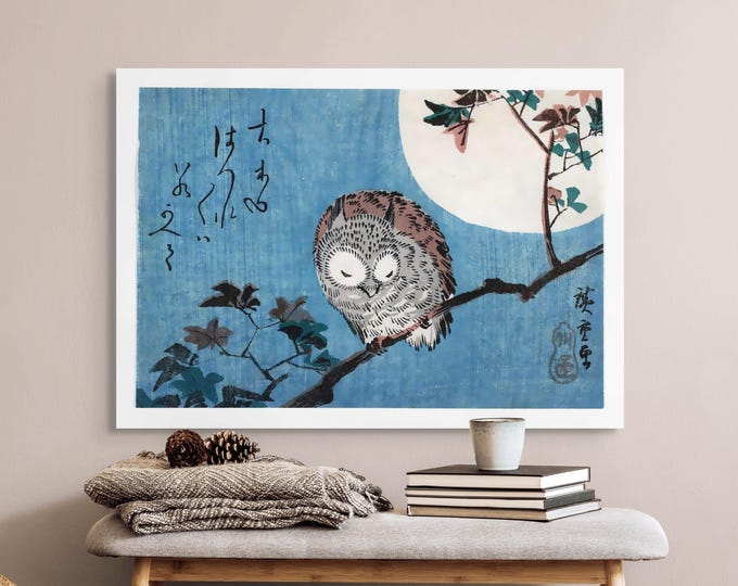 Japanese Art -Small Horned Owl on Maple Branch Under Full Moon Utagawa Hiroshige Print Ukiyo Poster Japan Art Japanese Wall Art