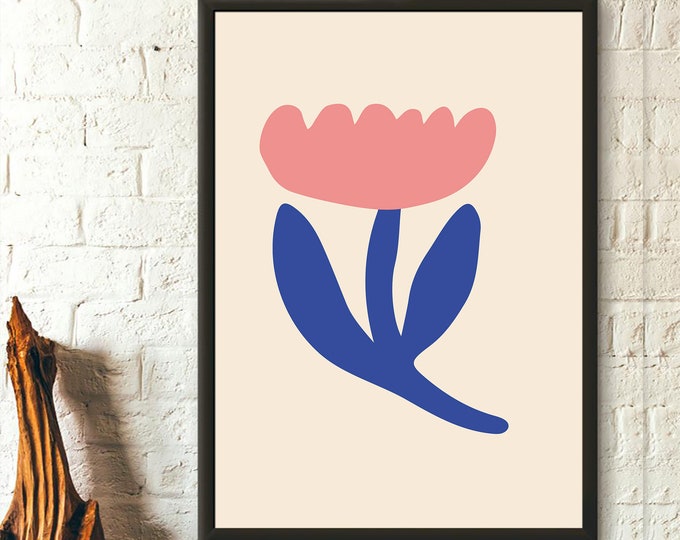 Mid Century Modern Art Flower Print Neutral Geometric Wall Art Boho Wall Decor, Rainbow Colorful Botanical Print Boho Print Wall Art