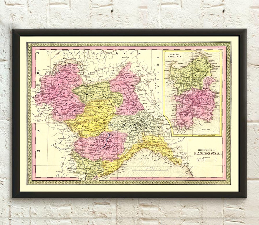 Old Map Kingdom of Savoysardinia Vintage Map Savoy Map Sardinia Poster