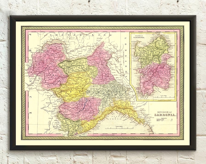 Wall Art Old Map Kingdom of Savoy-Sardinia Vintage Map Savoy Map Sardinia Poster Italy Poster Italian Travel Poster Wall Art