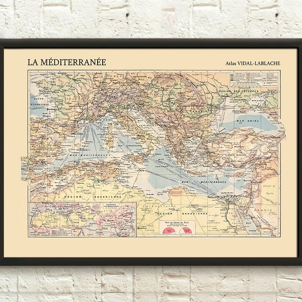 Old Map of Mediterranean Sea Map Of Europe Map of North Africa  carte vidal lablache Nautical Map Sea Map Marine Map Wall Art