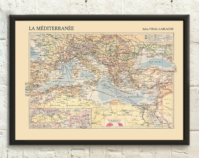 Vintage Nautical Map of the Mediterranean Sea  Europe  North Africa Wall Art