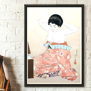 Póster de Kumoi Sakura: impresión japonesa de Torii Kotondo para arte mural de sala de estar: arte ukiyo-e: mujer frente a un espejo: arte japonés - TM