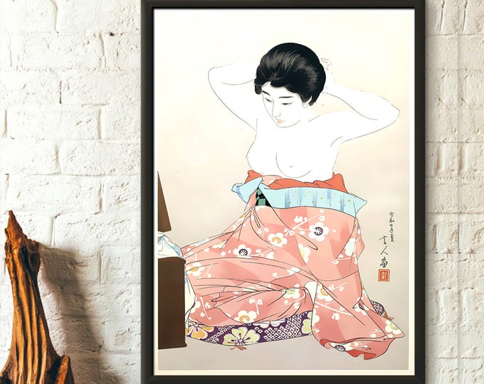 Kumoi Sakura Poster - Japanese Print by Torii Kotondo for Living Room Wall Art - Ukiyo-e Art - Woman Before A Mirror - Japan Art - TM