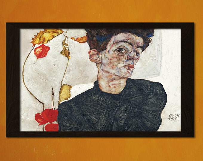 Self-Portrait With Physalis Egon Schiele Print - Schiele Poster Art Reproduction Print Schiele Wall Art - Living Room Prints Wall Art