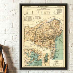 Mapa de Brasil 1909 - Provincia de Bahía. Impresión de viaje de Brasil (1950). Póster de viaje brasileño. Póster de Brasil. Reproducción artística del mapa de Bahía.