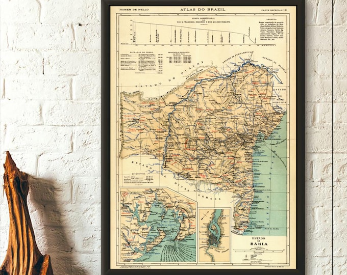 Map of Brazil 1909 - Bahia Province Bahia Map Brazil Travel Print 1950 - Brazilian Travel Poster Brazil Poster Bahia Map Art Reproduction