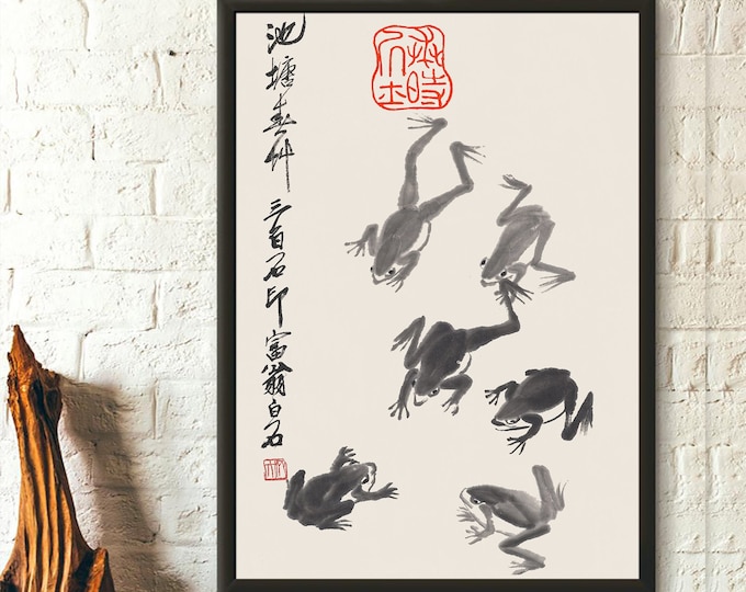 Japan Art Matsumoto Hoji frog Flying Frogs art print Japanese woodblock reproduction Ugly cute toad Print Wabi sabi wall art frog painting
