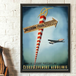 Póster de viaje vintage de Ceskoslovenske Airlines de 1951, arte mural de Checoslovaquia, decoración retro checa.