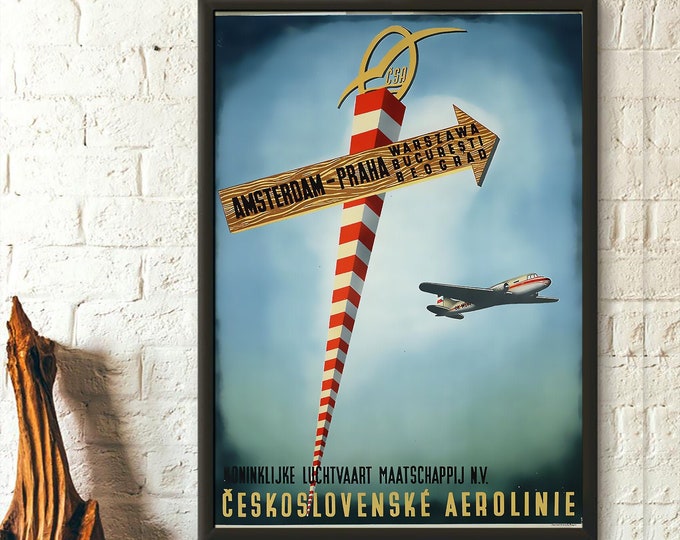 Ceskoslovenske Airlines 1951 Vintage Travel Poster  Czechoslovakia Wall Art  Retro Czech Decor