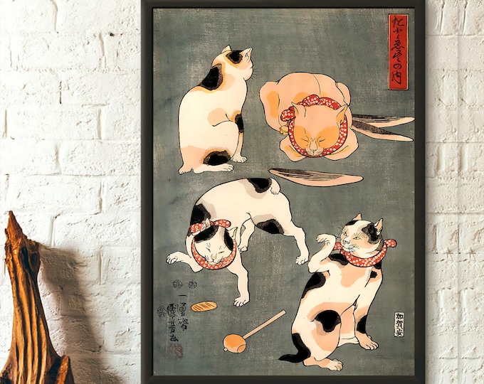 Premium Quality Poster: Wall Art Four Cats In Different Poses 19th Century Kid room Newborn room poster Art Reproduction Wall Art