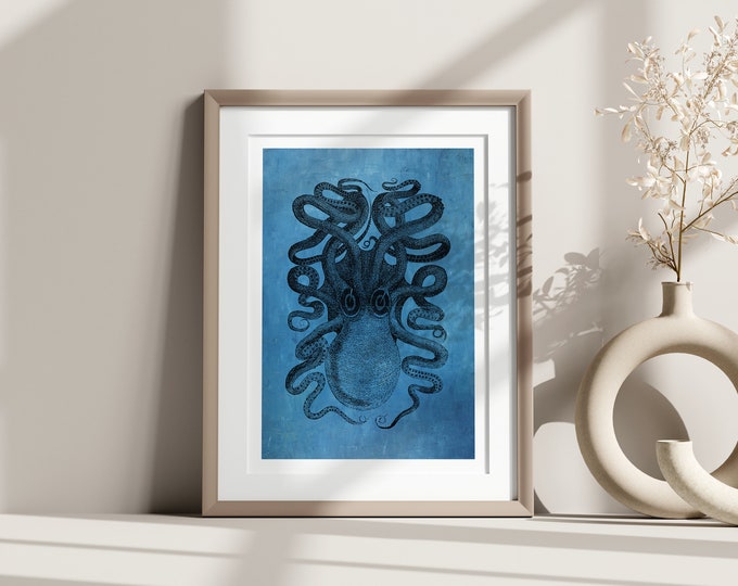 Premium Quality Poster: Wall Art Beautiful Octopus Poster on a Blue Background. Create Your Own Set From Our Store Wall Art new