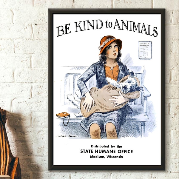Veganes Poster „Be Kind To Animals“-Poster – Vintage-Tier-Poster, Veterinär-Dekor, Kinderzimmer-Dekor, vegetarisches Poster, Geschenkidee, Einweihungsgeschenk