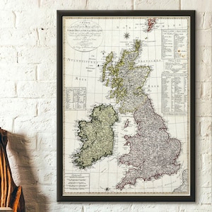 Mapa antiguo de Gran Bretaña, impresión histórica, arte de pared, decoración vintage británica, regalo perfecto