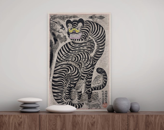 Vintage Japanese Tiger Print Wall Art - Edo Period Ukiyo-e Talismanic Art