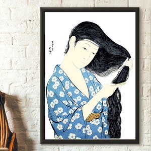 Woman in Blue Combing Her Hair 1920 - Hashiguchi Goyo Print Ukiyo-e Poster Fine Art Print Goyo Poster Japanese Art - Living Room Prints