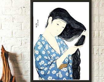 Woman in Blue Combing Her Hair 1920 - Hashiguchi Goyo Print Ukiyo-e Poster Fine Art Print Goyo Poster Japanese Art - Living Room Prints