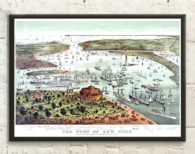 19th Century New York Port Map Print: Antique Art Reproduction