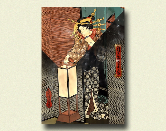 1850 Japanese Print Checking the Lanterns Ukiyo-e Wall Art Vintage Japan Decor