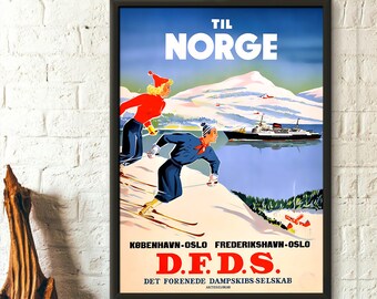 Vintage Norway Travel Print 1950s - Norway Poster Vintage Travel Poster Ski Poster Gift Idea Travel Wall Art Travel Decor Snow Poster Winter