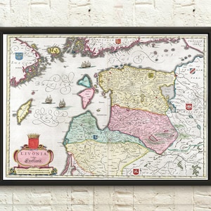 Mapa de Estonia de 1640, arte mural, impresiones de Letonia y Livonia, decoración escandinava para el hogar, regalo
