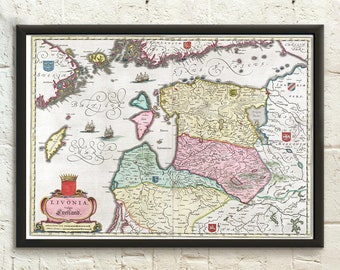 Estonia Map 1640 - Latvia Map Livonia Map Lithuania Map Scandinavia Gift Idea - Living Room Prints Art Reproduction Wall Art