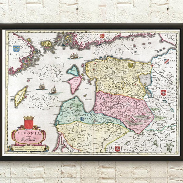 Estland-Karte 1640 – Lettland-Karte, Livland-Karte, Litauen-Karte, Skandinavien, Geschenkidee – Wohnzimmer-Drucke, Kunstreproduktion, Wandkunst