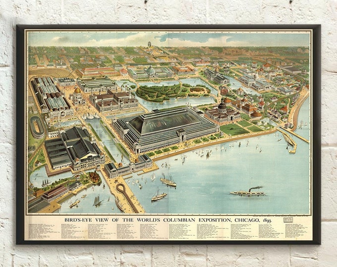1893 Chicago Birds Eye View Map Wall Art - Vintage Exposition Print for Home Decor Birthday Gift Idea