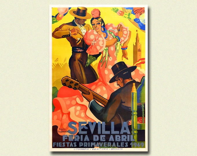 Seville Fair Vintage Travel Poster: Spanish Art Print, Feria de Sevilla 1949