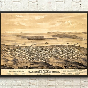 Impression de carte antique de San Diego de 1876 - cadeau de pendaison de crémaillère ou d'anniversaire parfait - oeuvre d'art en Californie