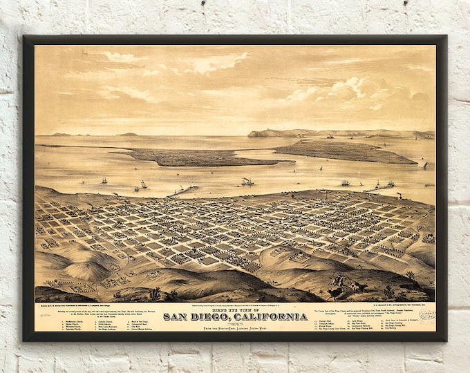 Year 1876 Old San Diego Map California  - Antique Map San Diego California Map San Diego Poster Birthday Gift Idea House Warming gift