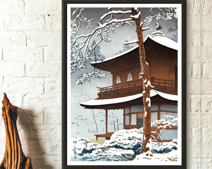 Snow at Ginkakuji Temple Wall Art  Kawase Hasui Ukiyo-e Print  Japanese Decor