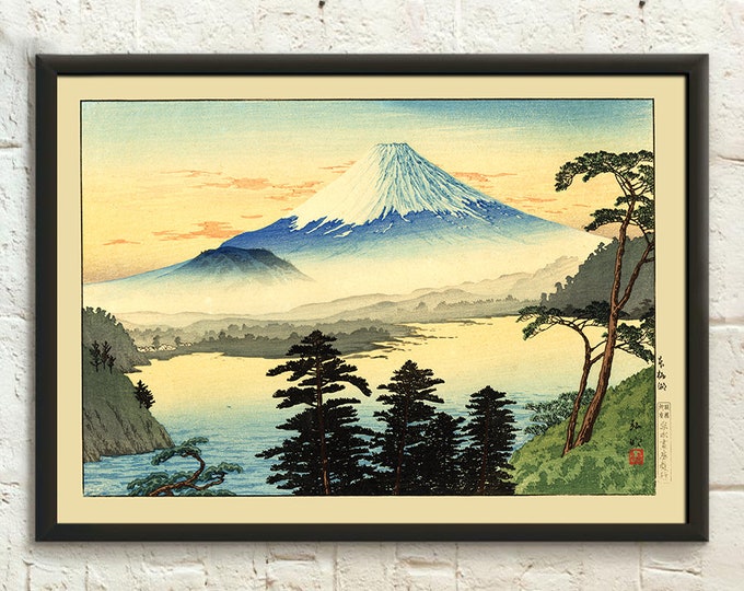 Japanese Woodblock Print of Mount Fuji from Lake Motosu  Premium Wall Decor ART