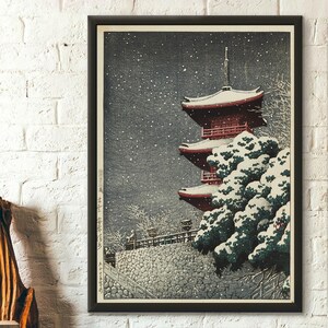 Yasugi Pagode Druck - Japanische Schneenacht Ukiyo-e Wandkunst auf Matte Papier