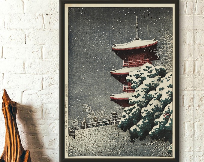 Yasugi Pagoda Print - Japanese Snow Night Ukiyo-e Wall Art on Matte Paper