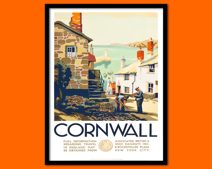 Printed on Matte Paper - Cornwall Travel Print 1930s Vintage Travel Poster Cornwall Poster England Travel Poster  t House Warming