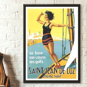 Póster de viaje vintage de San Juan de Luz, Francia. Impresión de arte mural vasco. Idea de regalo perfecta.