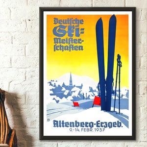 Vintage 1937 German Ski Travel Poster Premium Wall Art Décor Retro Tourism Print