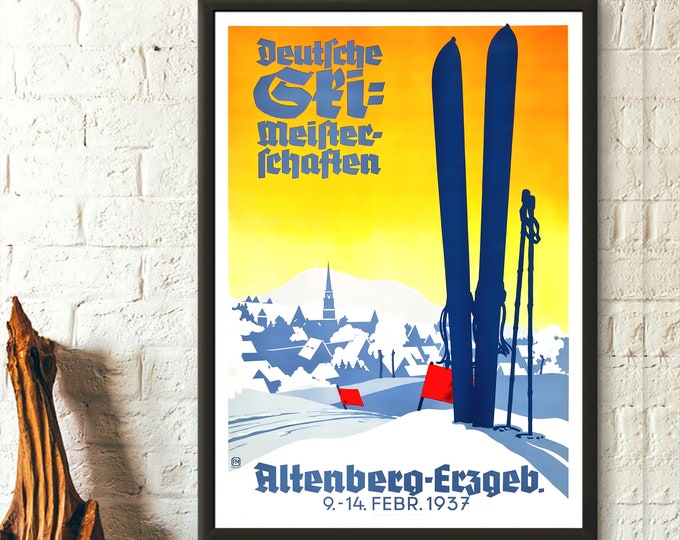 Vintage 1937 German Ski Travel Poster Premium Wall Art Décor Retro Tourism Print