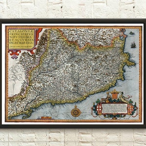 Premiumkwaliteit poster: 1608 kaart van Catalonië muurkunstposter voor Barcelona en Perpignan voor kaartliefhebbers