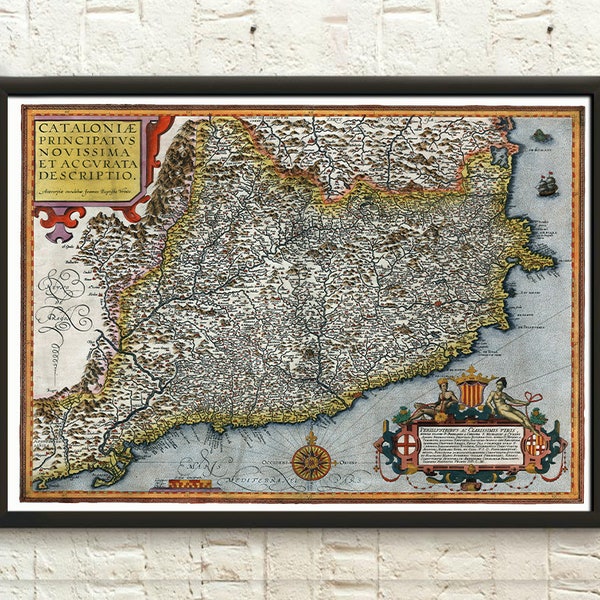 Art mural carte de la Catalogne - Carte de la Catalogne Année 1608 Poster de la Catalogne Idée cadeau d'anniversaire Carte de la Catalogne Poster de la Catalogne Carte de Barcelone Art mural carte de la Catalogne, Perpignan