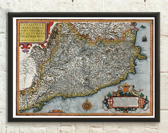 Premium Quality Poster: 1608 Catalonia Map Wall Art Poster for Barcelona and Perpignan for Map Enthusiasts