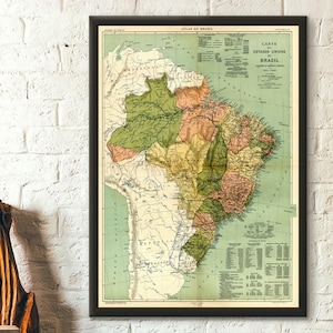 Le titre pourrait être une carte vintage de 1909 du Brésil, Rio de Janeiro, pour oeuvre d'art murale de voyage, affiche brésilienne de l'Atlas du Brésil