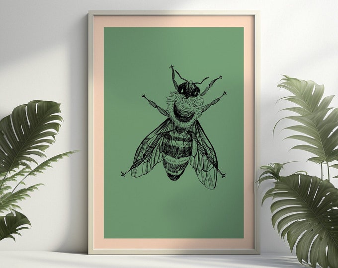 Bee Print Botanical Wall Art Insect Poster Gift Idea - Botanical Illustration