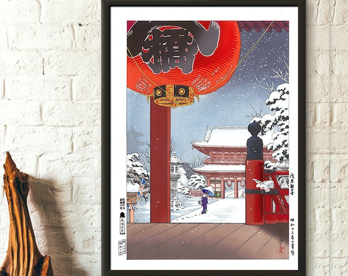 Premium Quality Poster: Japanese Koitsu Print Winter Temple Asakusa 1938 Edo Period Wall Art